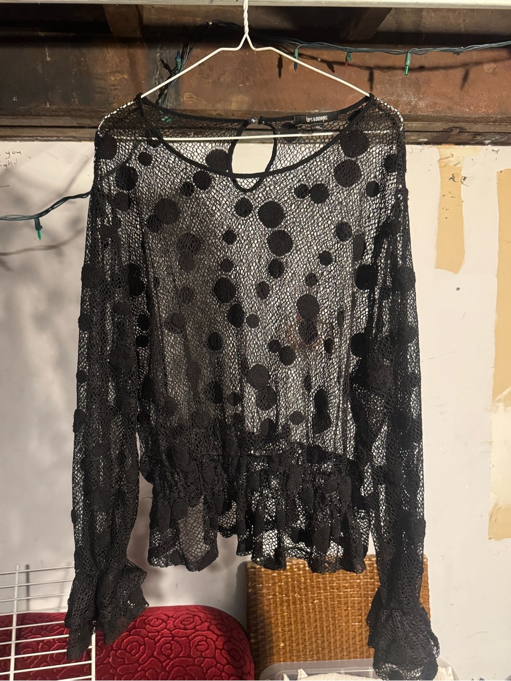 Black Sheer Polka Dot Long-Sleeve Women's Top